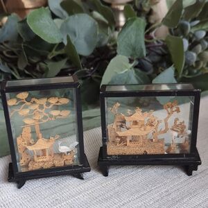 Elegant Vintage Asian 3D Cork Art Diorama Black and Tan Home Accent Set